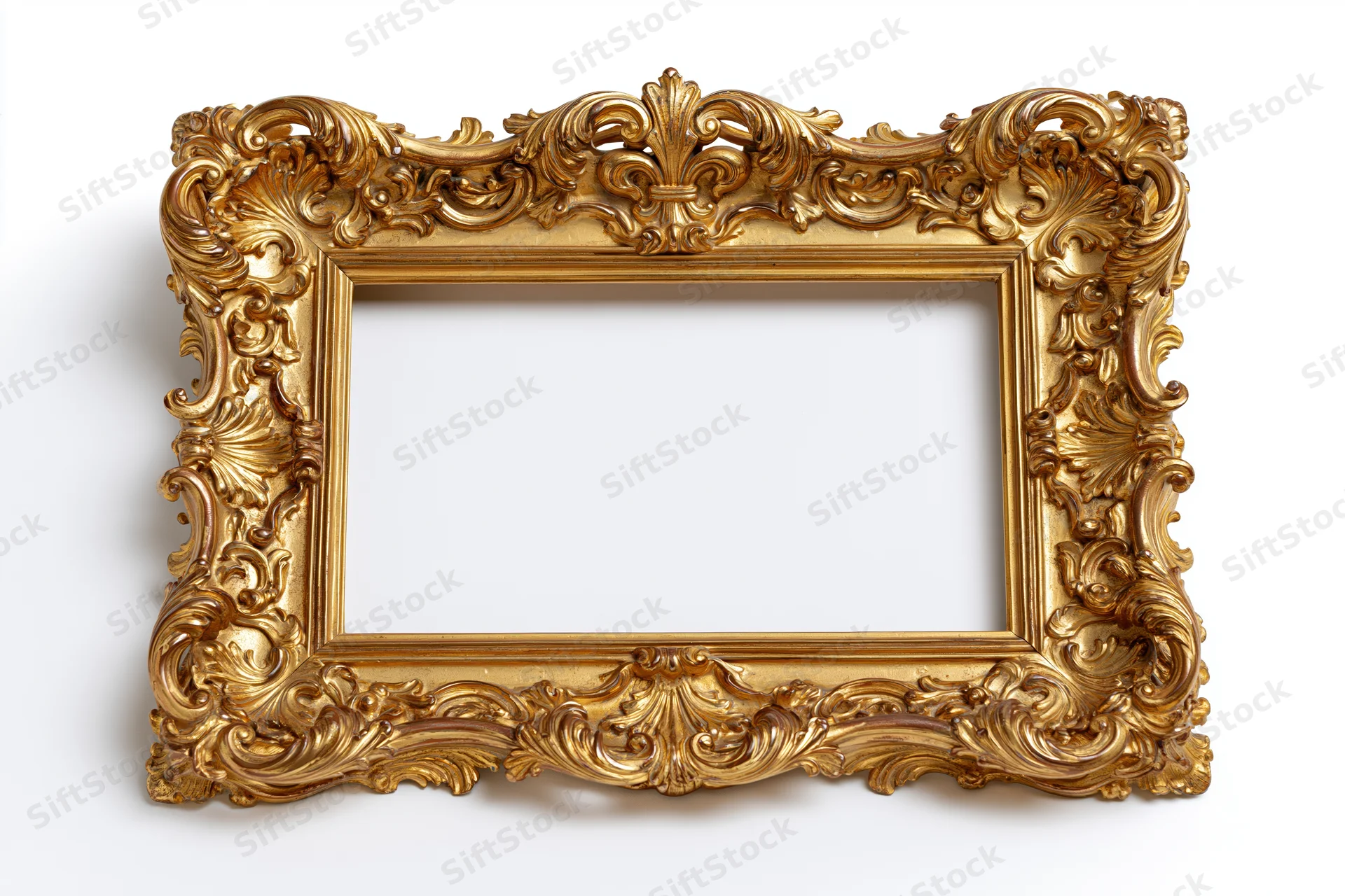 Ornate baroque gold picture frame with intricate carved scrollwork isolated on white background