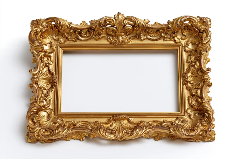 Ornate baroque gold picture frame with intricate carved scrollwork isolated on white background
