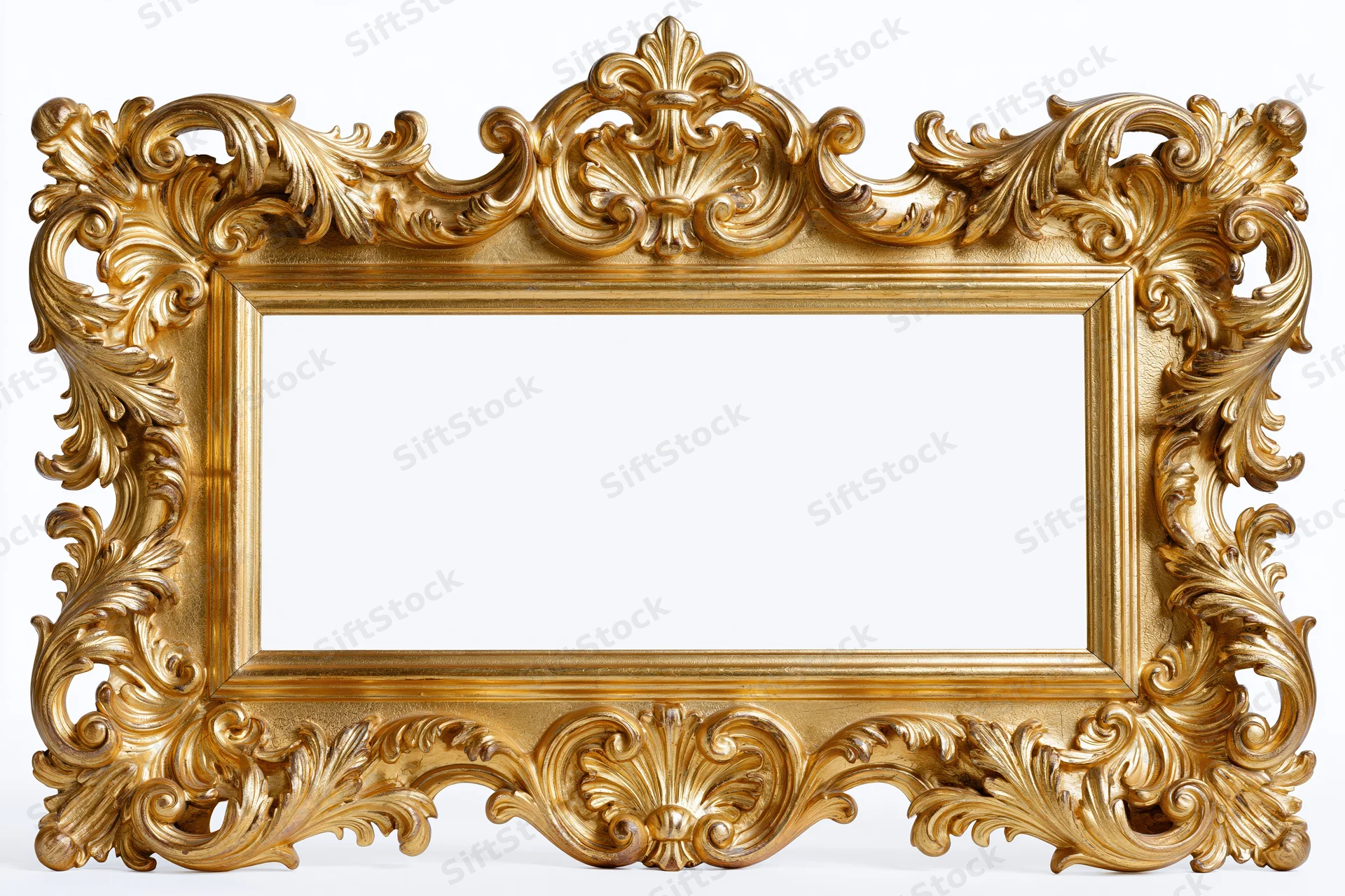 Ornate baroque gold picture frame with intricate carved scrollwork on white background