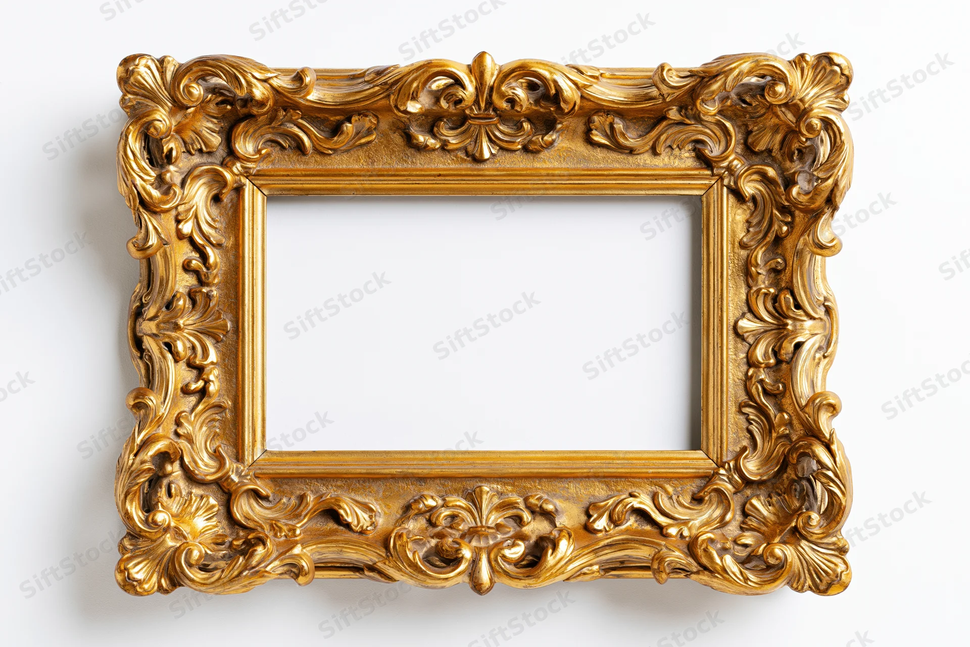 Ornate baroque gold picture frame with intricate carved scrollwork on white background