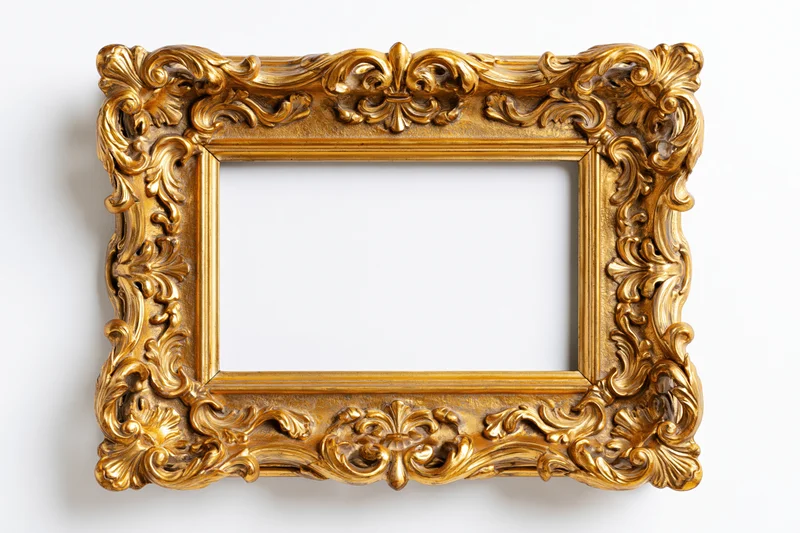 Ornate baroque gold picture frame with intricate carved scrollwork on white background