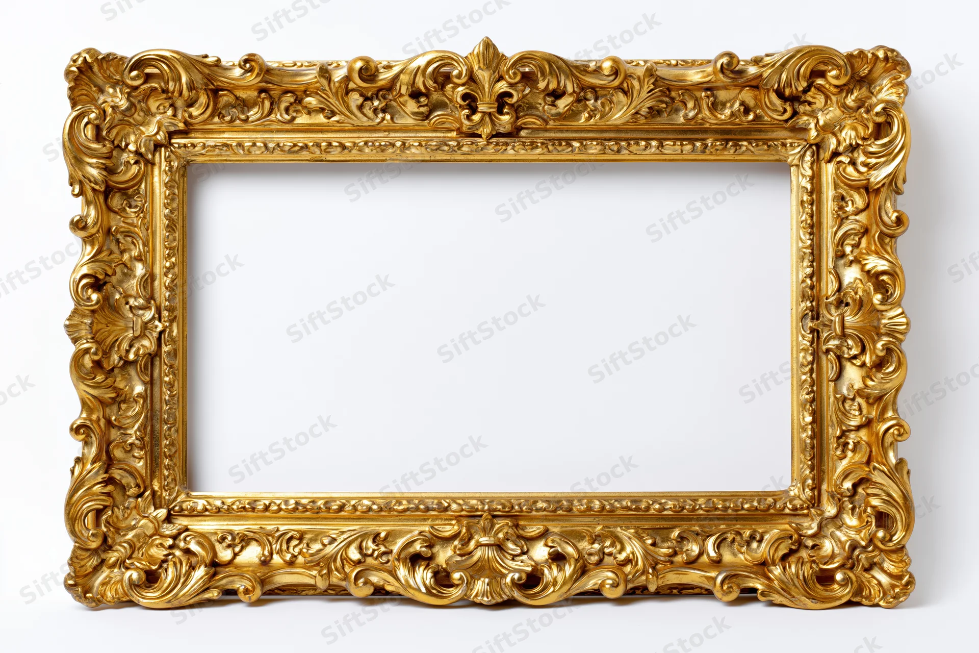Ornate gold baroque frame with intricate carved scrollwork on white background