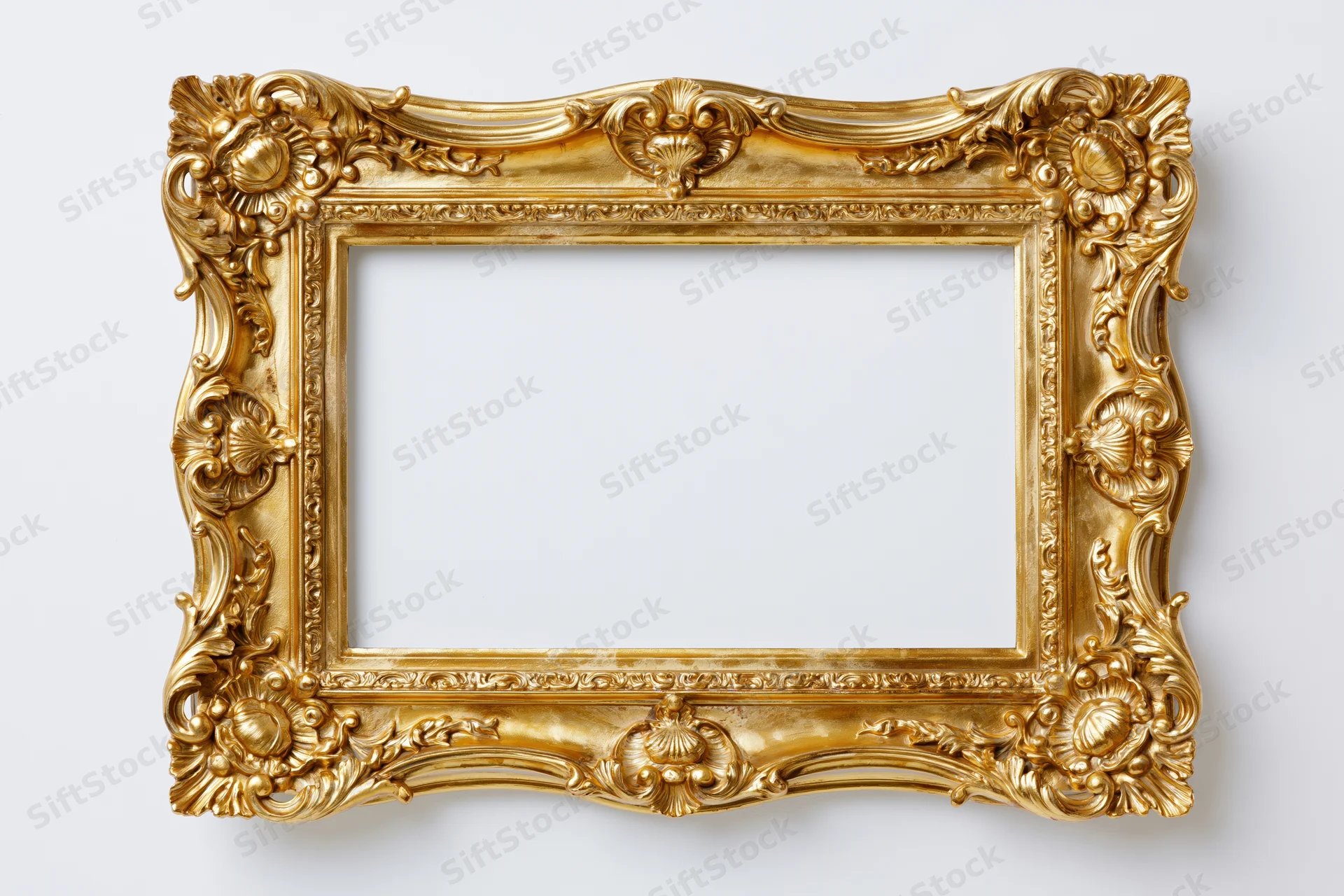 Ornate baroque gold picture frame with intricate carved scrollwork on white background