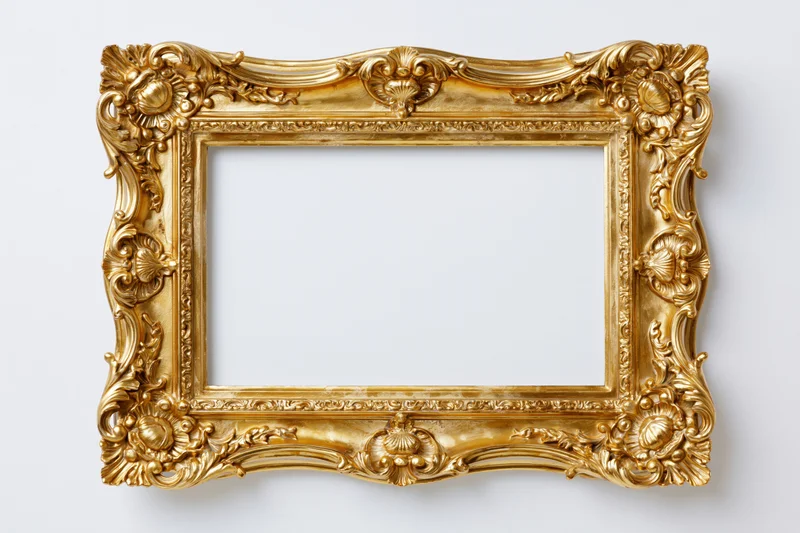 Ornate baroque gold picture frame with intricate carved scrollwork on white background