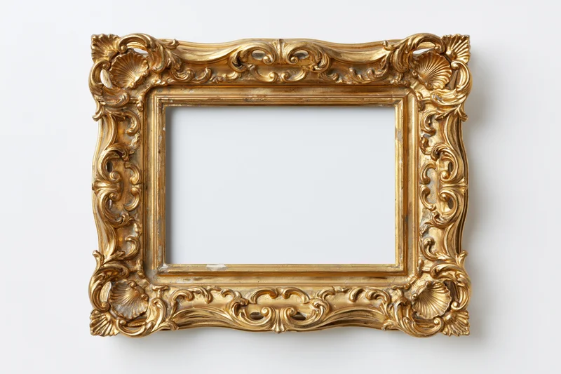 Ornate gold baroque frame with carved scrollwork and shell motifs on white background