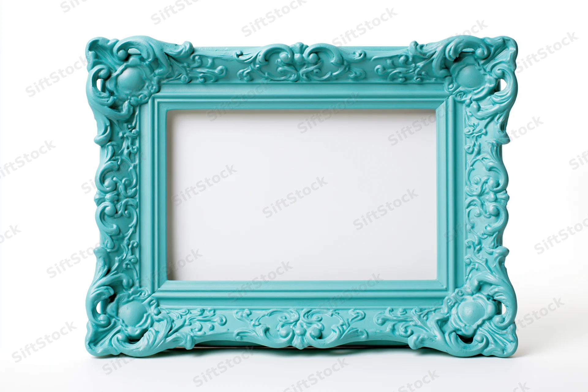 Ornate baroque frame in matte teal-turquoise on white background