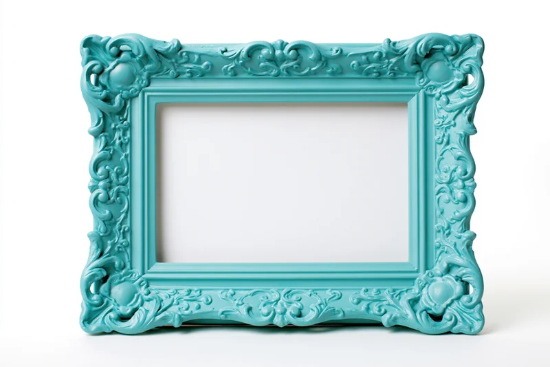 Ornate baroque frame in matte teal-turquoise on white background