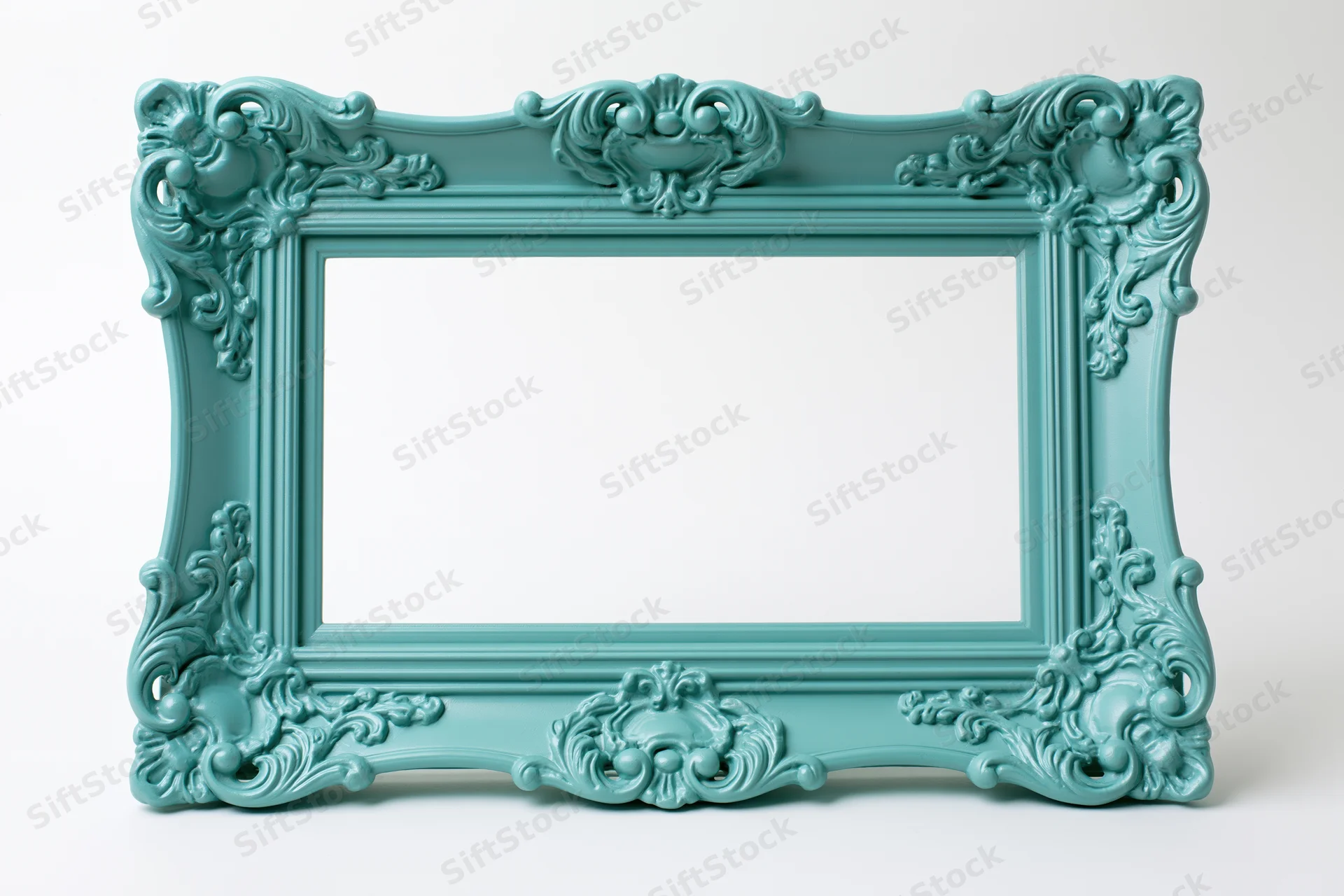 Ornate baroque frame with intricate scrollwork in matte teal-turquoise, isolated on white background
