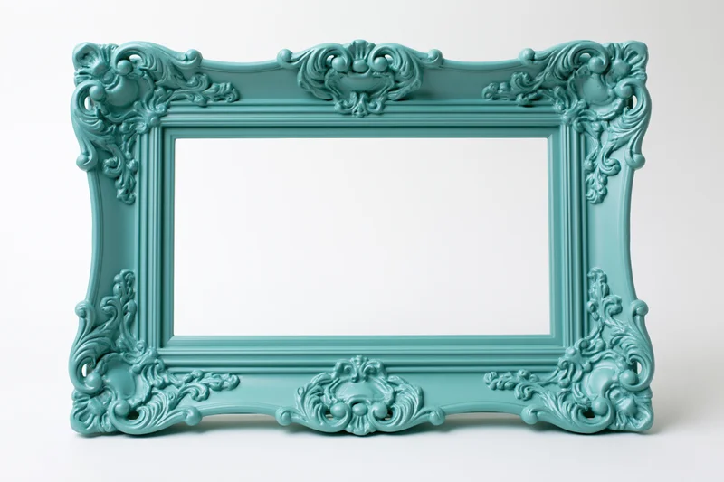 Ornate baroque frame with intricate scrollwork in matte teal-turquoise, isolated on white background