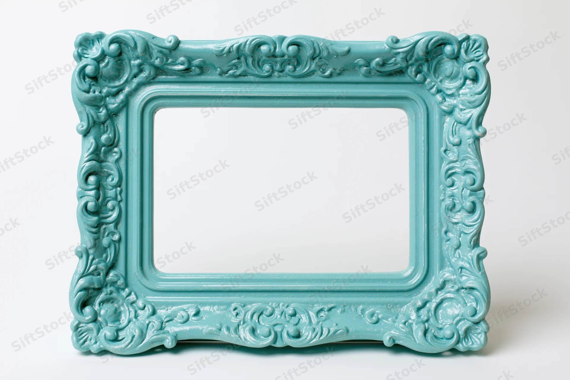 Ornate baroque frame with teal-turquoise matte finish on white background