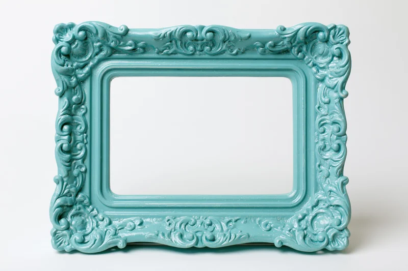 Ornate baroque frame with teal-turquoise matte finish on white background