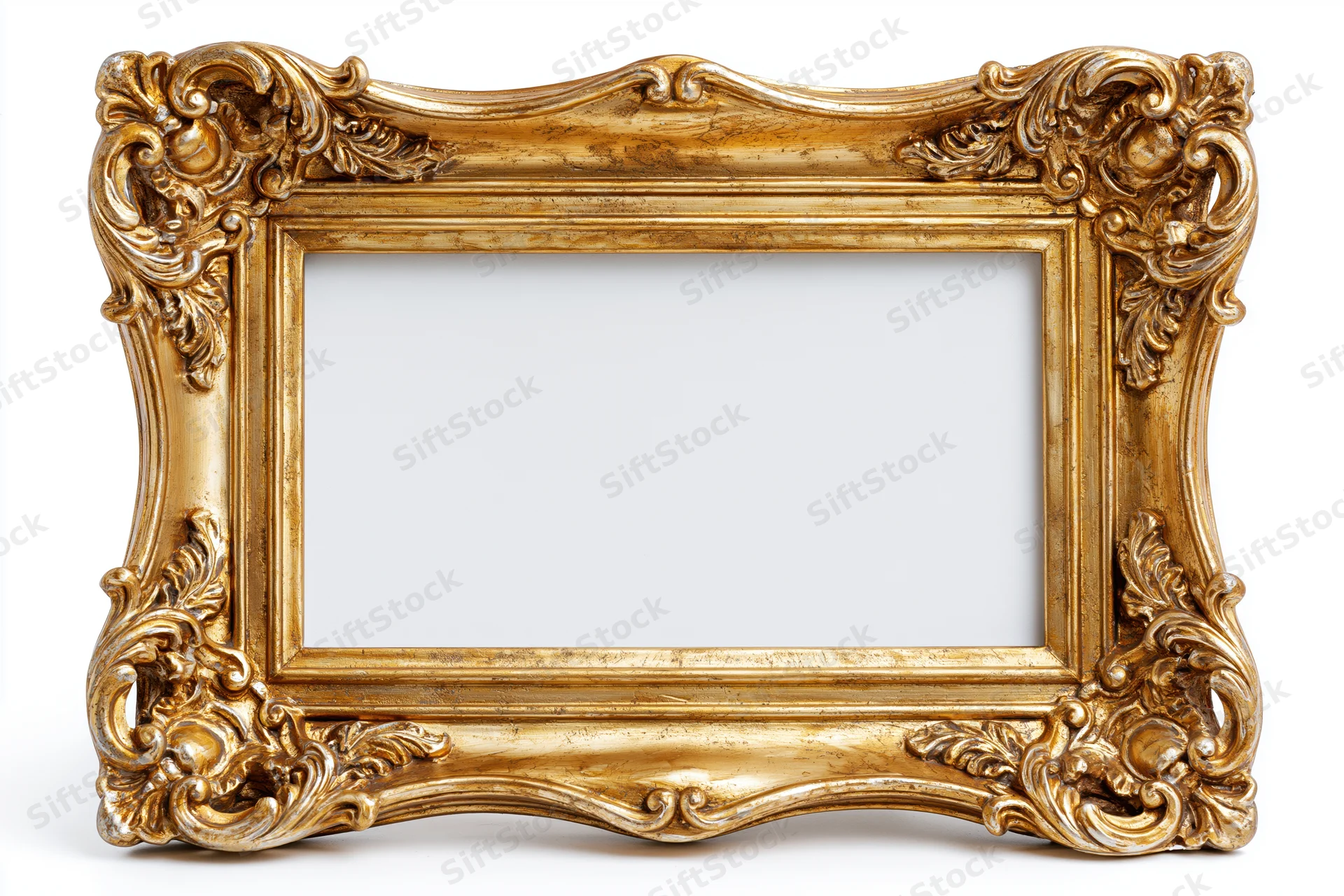 Ornate gold baroque frame with empty center on white background