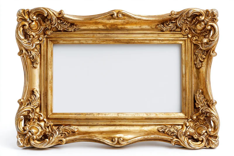 Ornate gold baroque frame with empty center on white background