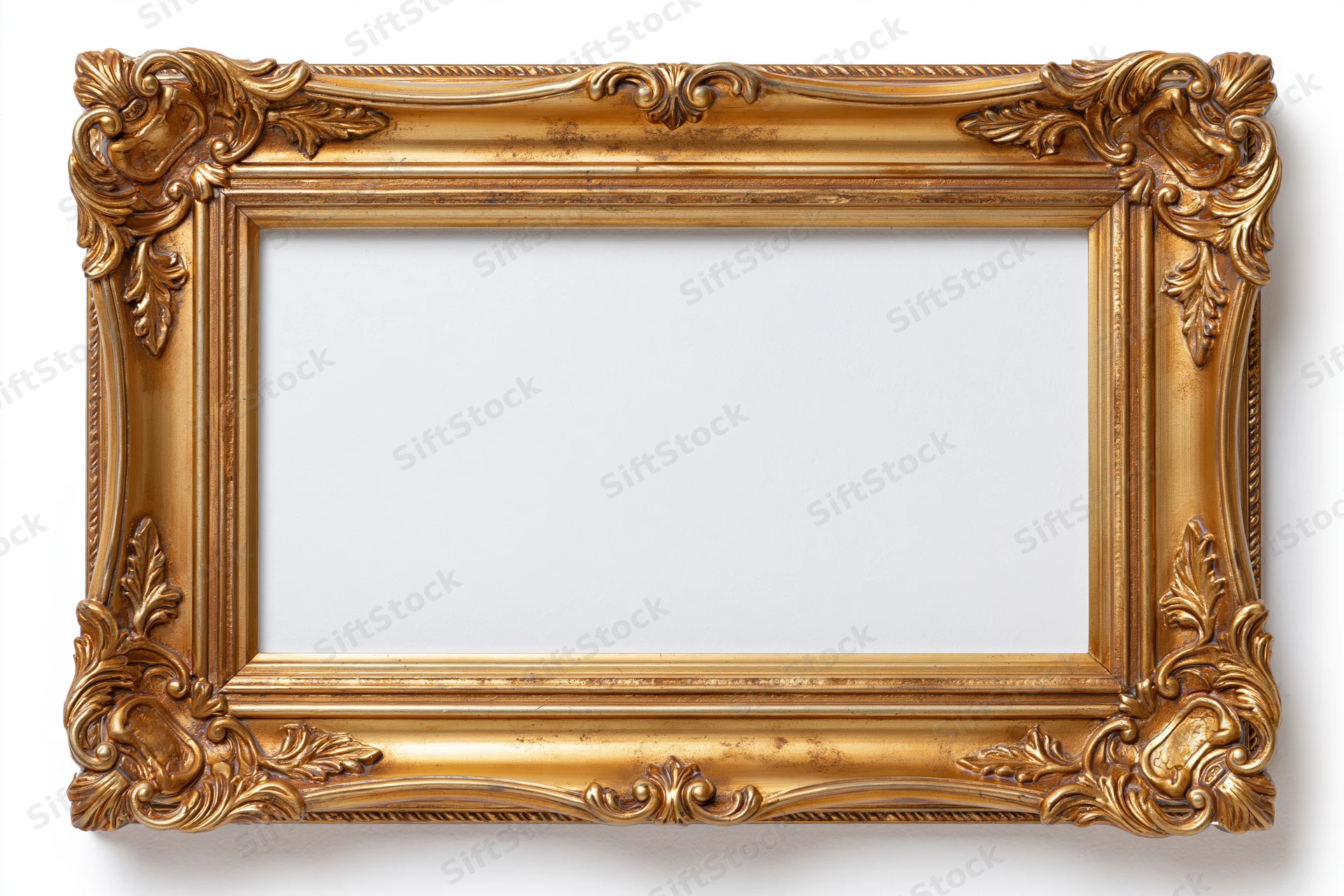 Ornate baroque gold frame with empty center on white background