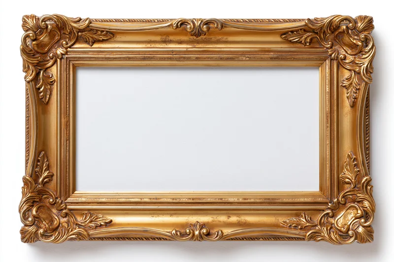 Ornate baroque gold frame with empty center on white background