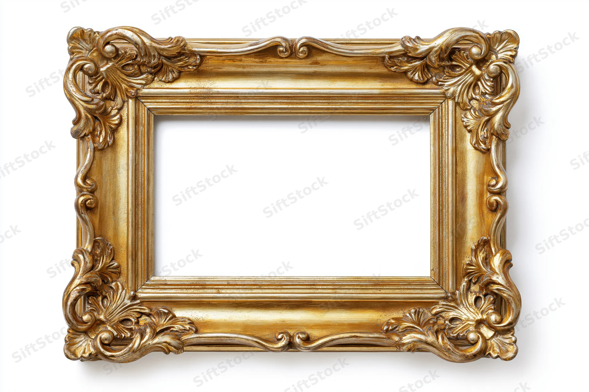 Ornate baroque gold frame with carved scrollwork and floral details on white background