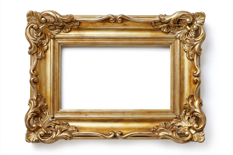 Ornate baroque gold frame with carved scrollwork and floral details on white background