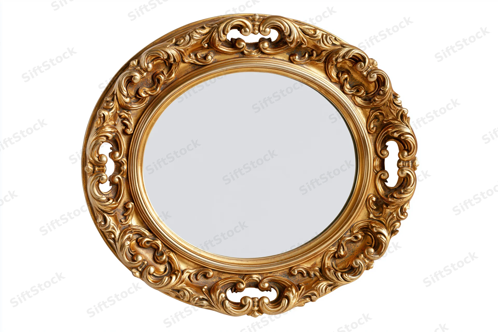 Ornate oval gilt mirror with baroque scrollwork frame isolated on white