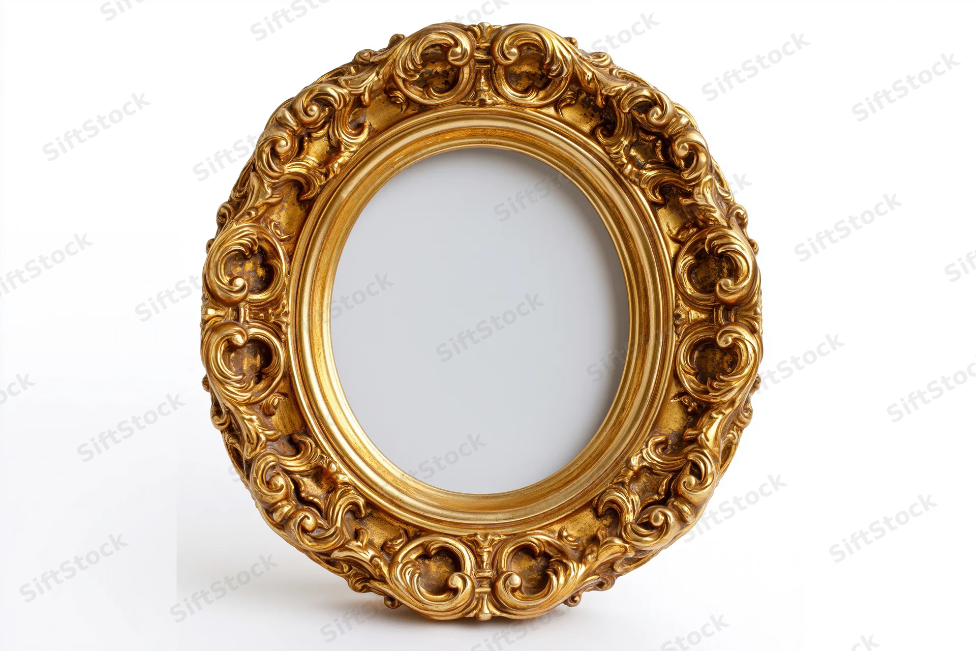 Ornate oval gilt frame with baroque scrollwork on white background