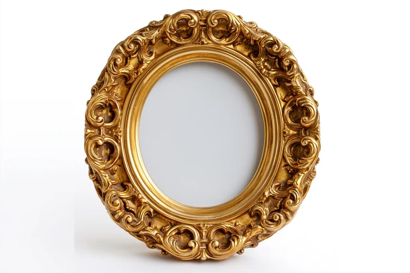 Ornate oval gilt frame with baroque scrollwork on white background