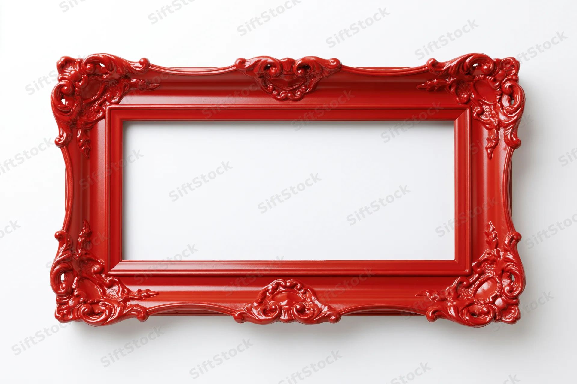 Ornate red vintage picture frame with decorative carvings isolated on white background