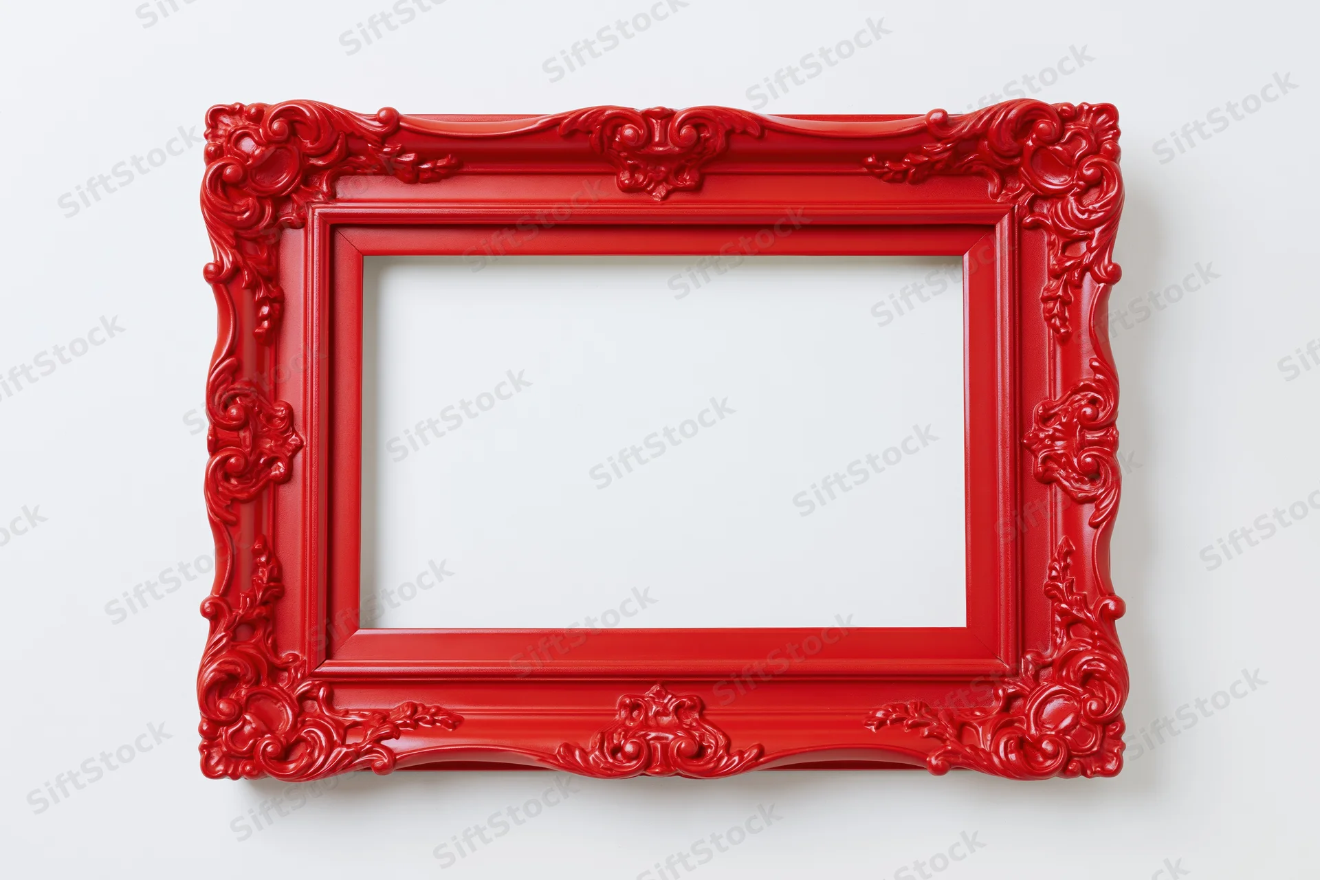 Red ornate vintage picture frame with empty center on white background