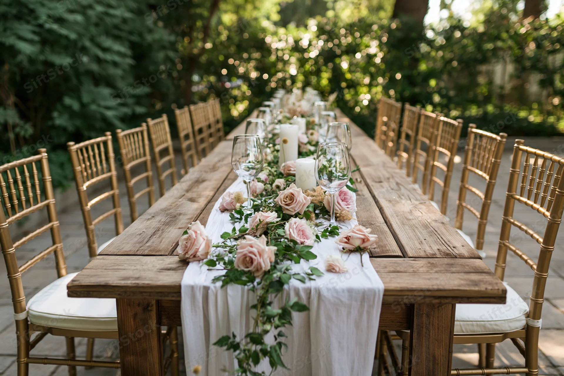 Long rustic wooden table set with floral centerpiece and candles for outdoor wedding reception surrounded by gold chairs in garden
