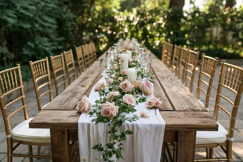 Long rustic wooden table set with floral centerpiece and candles for outdoor wedding reception surrounded by gold chairs in garden