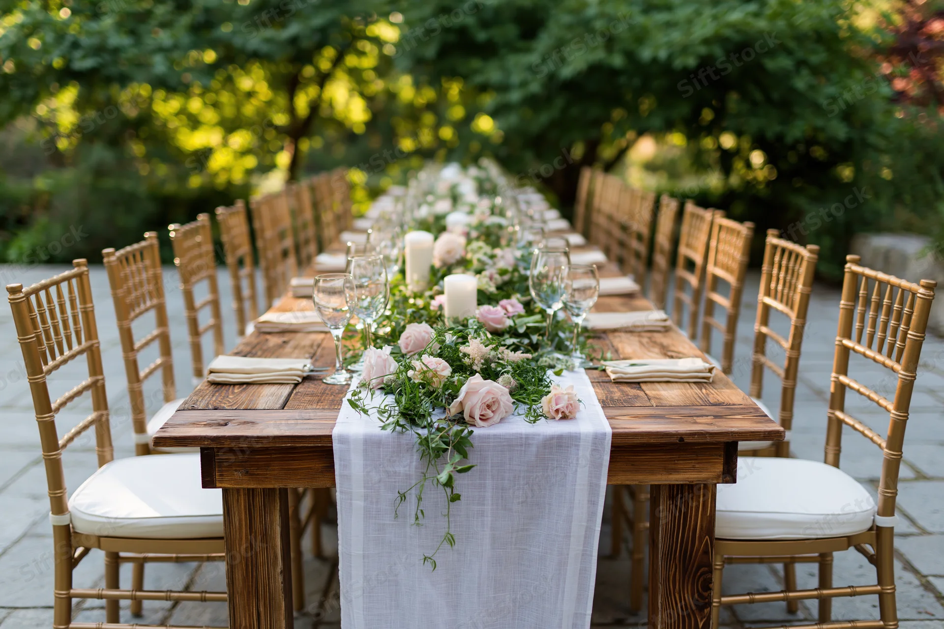 Long rustic wooden table set for wedding reception dinner outdoors with floral centerpiece and bamboo chairs