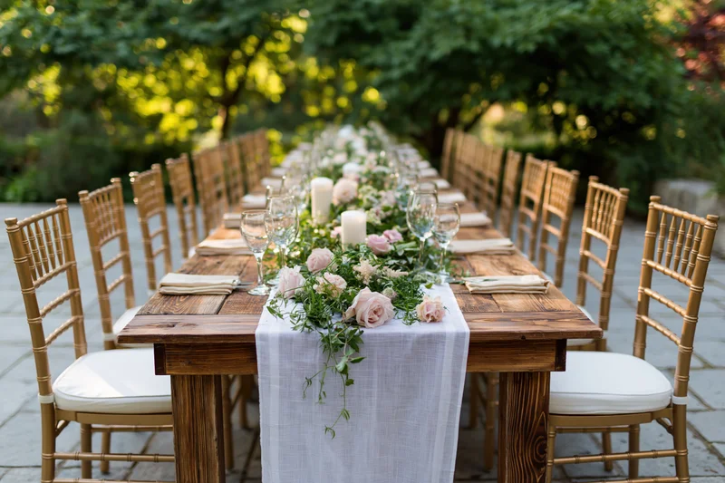 Long rustic wooden table set for wedding reception dinner outdoors with floral centerpiece and bamboo chairs