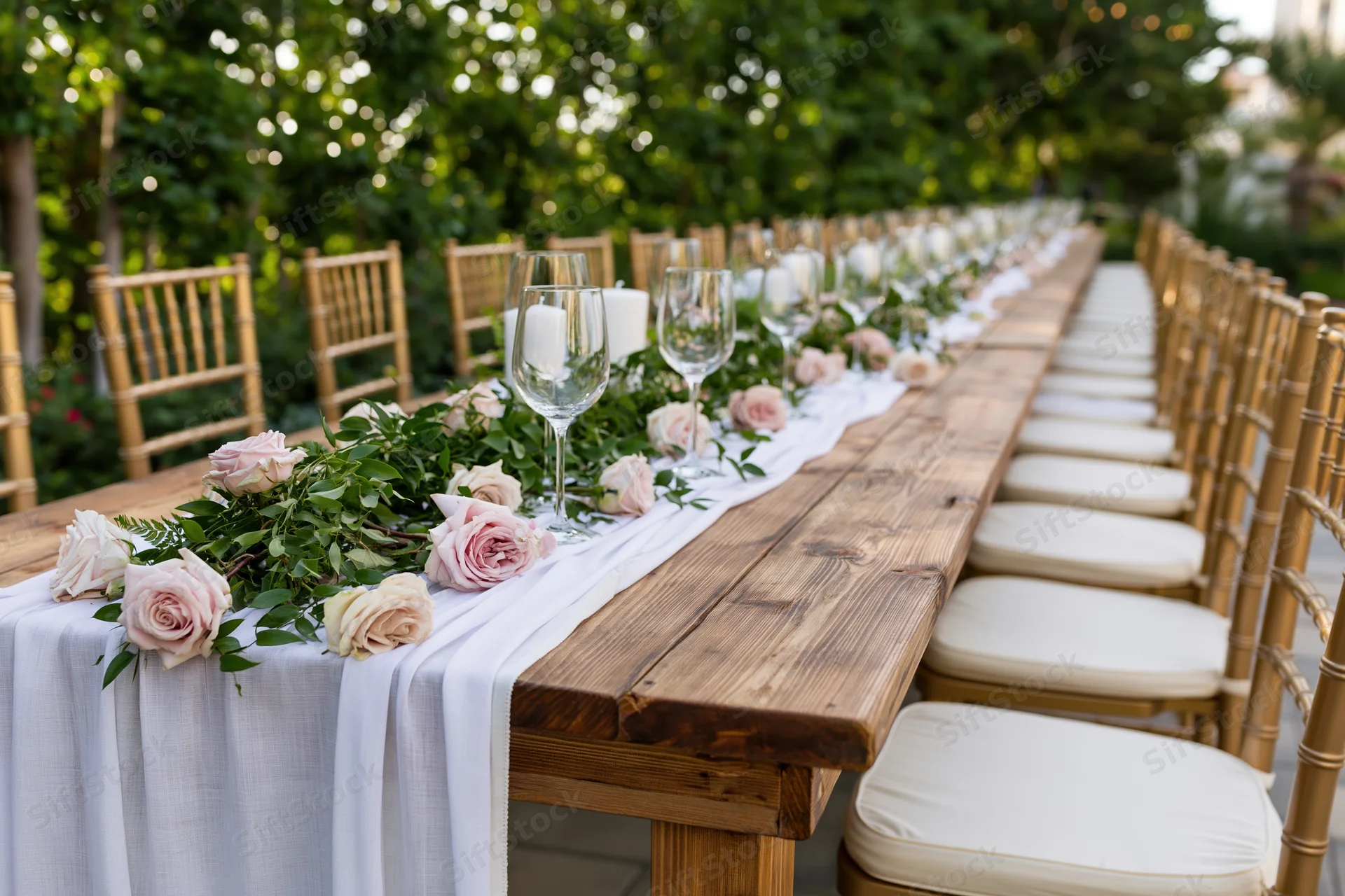 Long rustic wooden table set for wedding reception outdoors with floral centerpiece and chairs