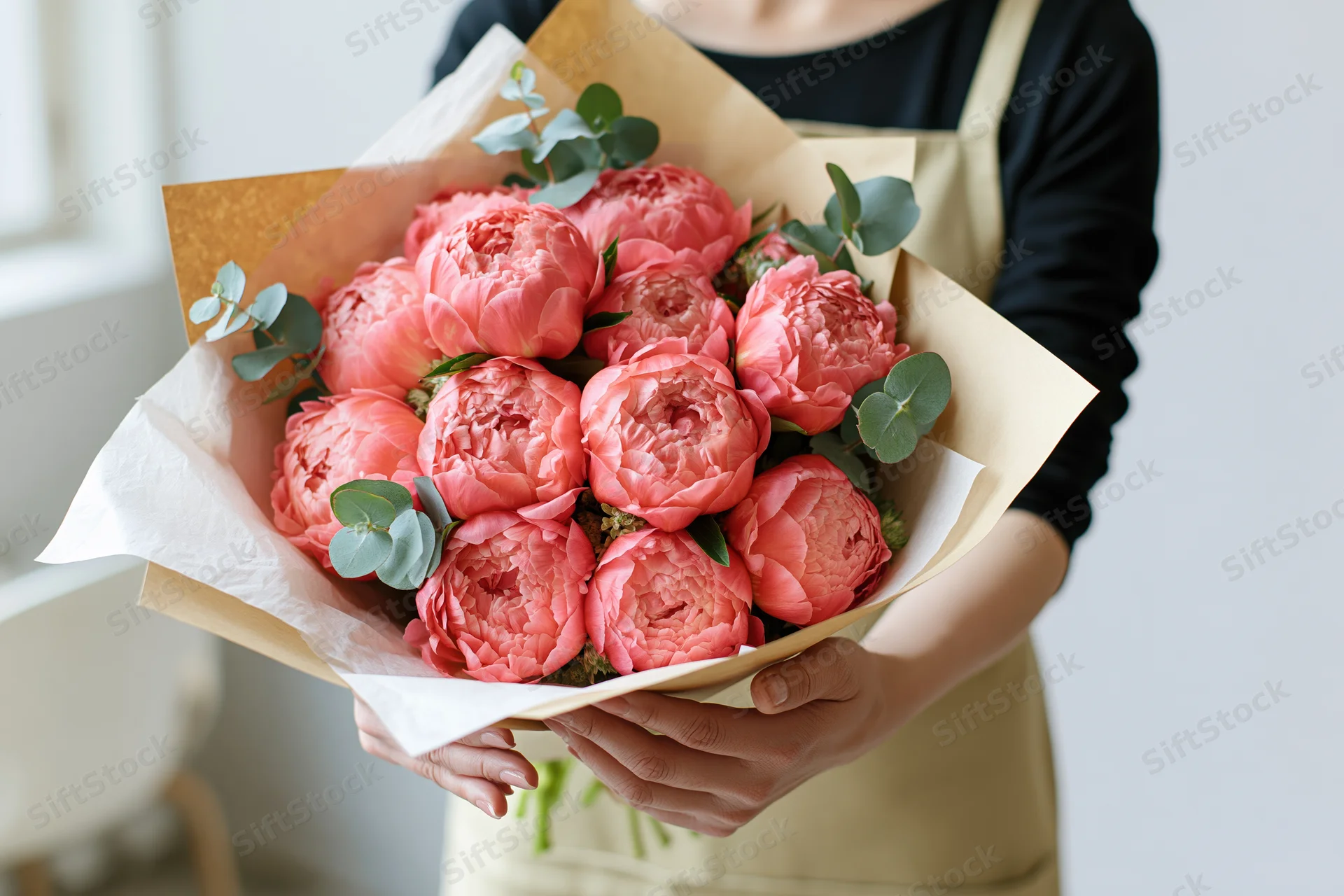 Woman holding a bouquet of coral-pink peonies wrapped in kraft paper and white tissue with eucalyptus foliage