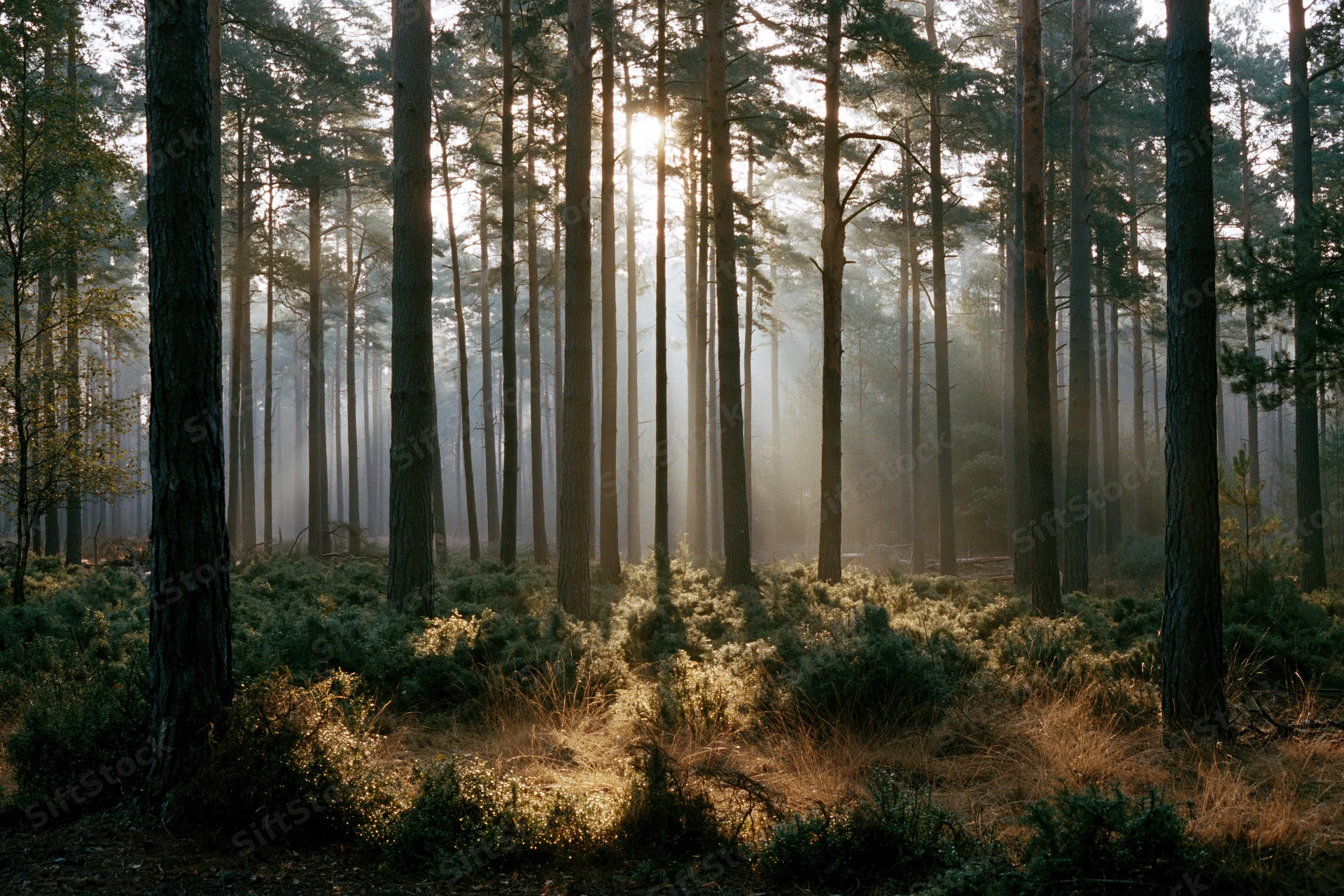 Sunlight filtering through tall pine trees in a misty forest at dawn