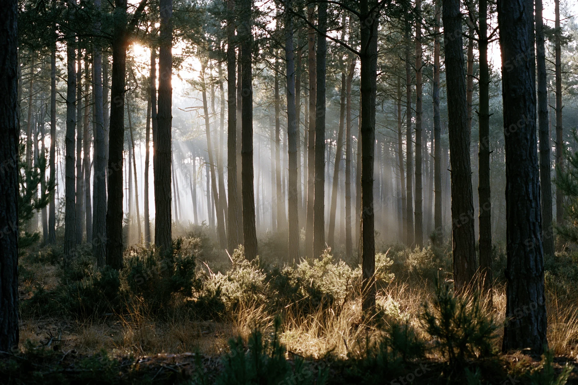 Sunlight filtering through tall pine trees in a misty forest at dawn