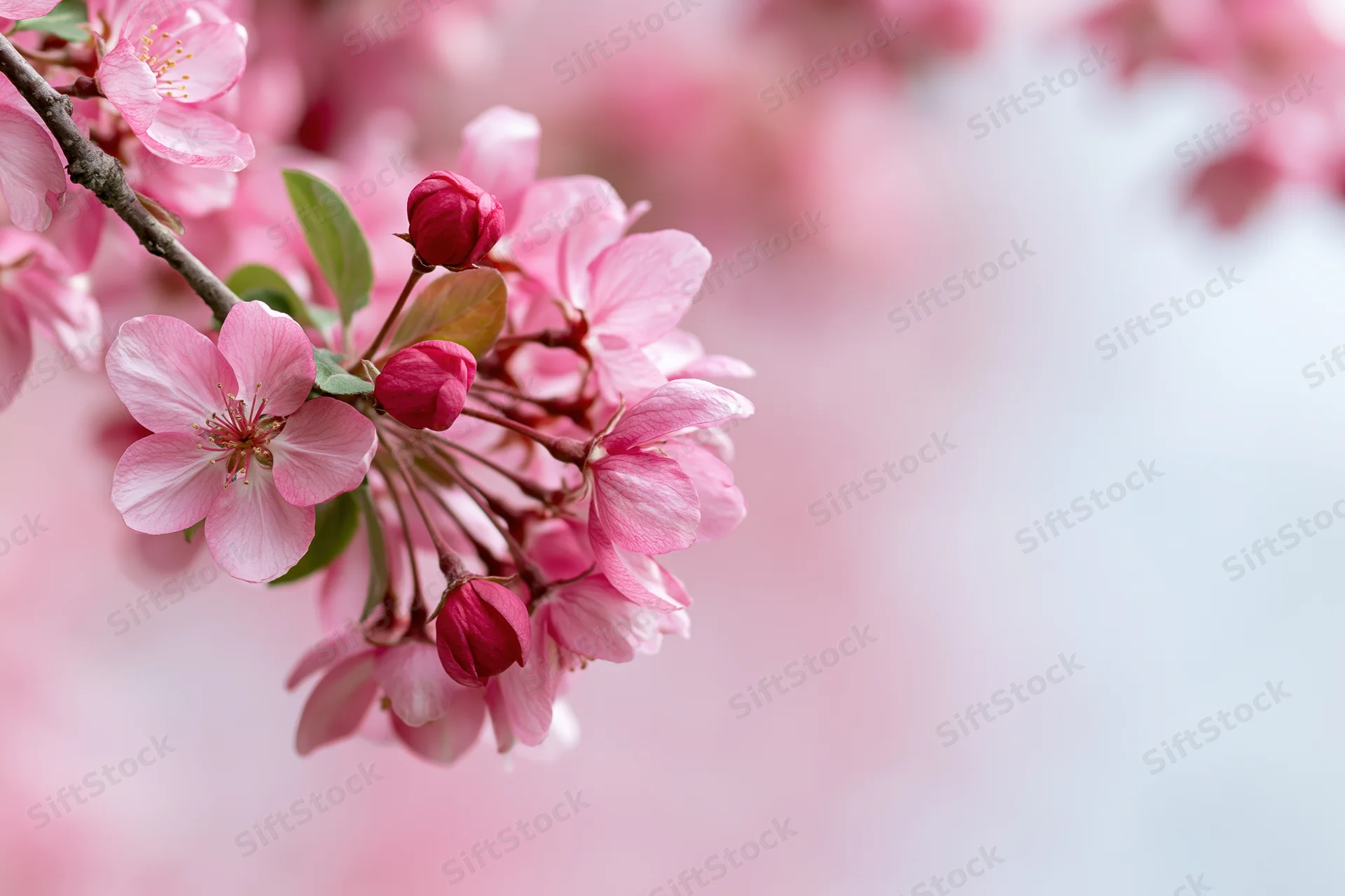 Pink cherry blossoms blooming on a branch with soft background and copyspace