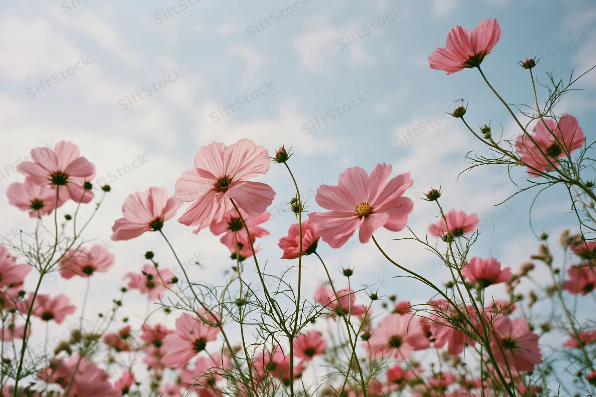 Pink cosmos flowers in full bloom swaying on slender green stems against a blue sky with soft clouds