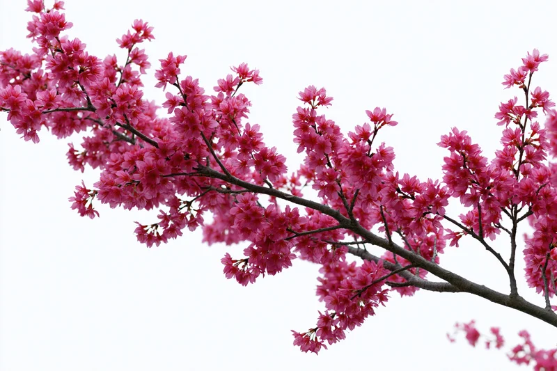 Plum blossom branches covered in deep pink flowers arching across the frame against a bright sky