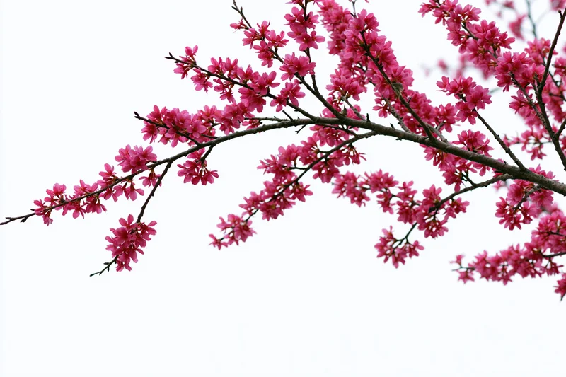 Plum blossom branches covered in deep pink flowers arching across the frame against a white background