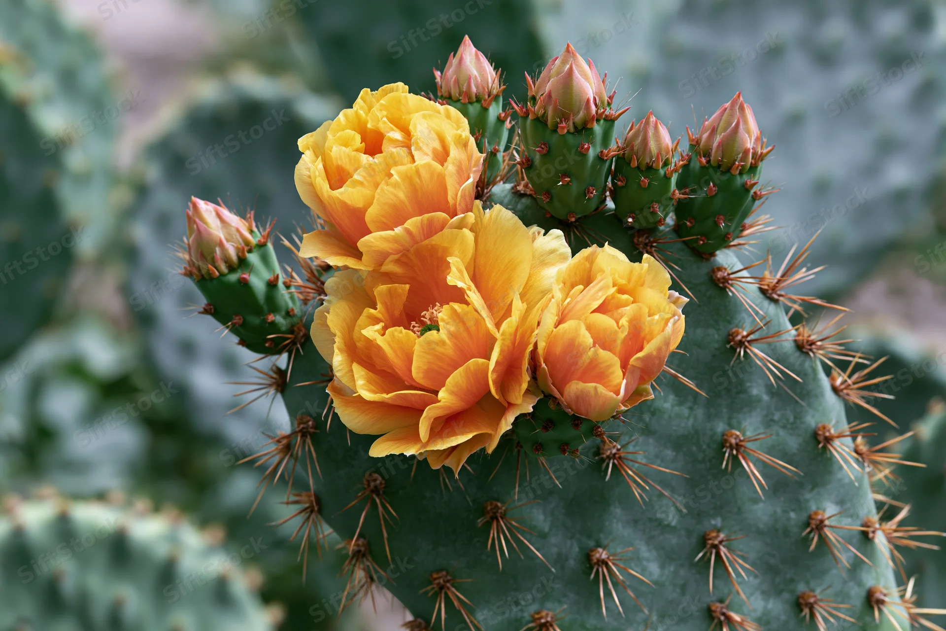 Prickly pear cactus pad with bright orange-yellow blooms and spines in closeup view
