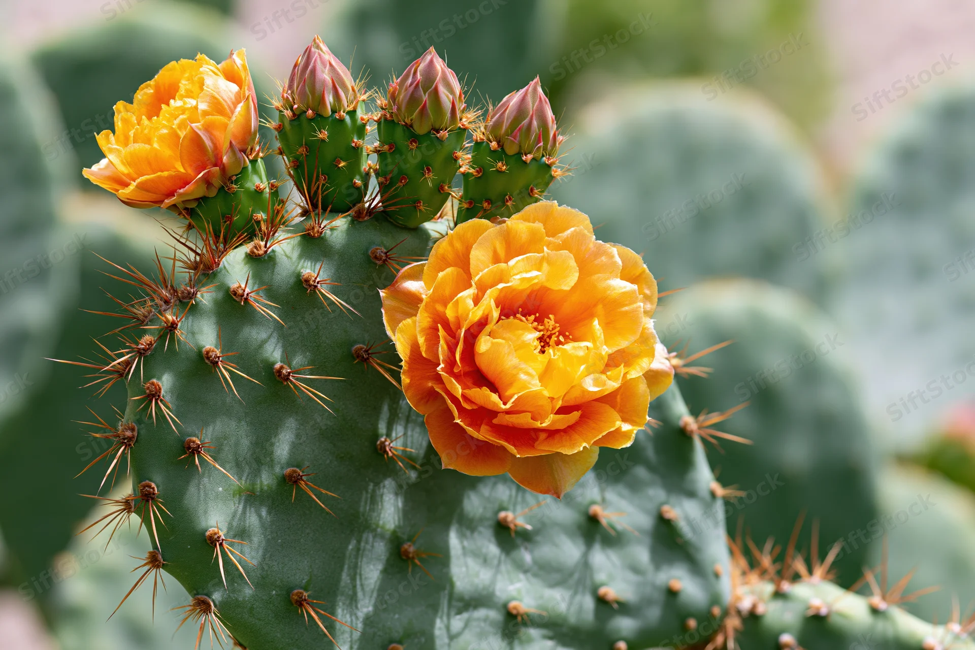 Prickly pear cactus pad with bright orange-yellow blooms and spines in a desert garden setting