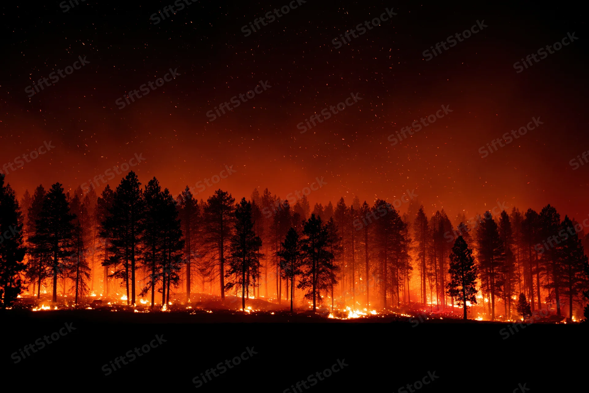 Raging wildfire burning through a pine forest at night under a starry sky