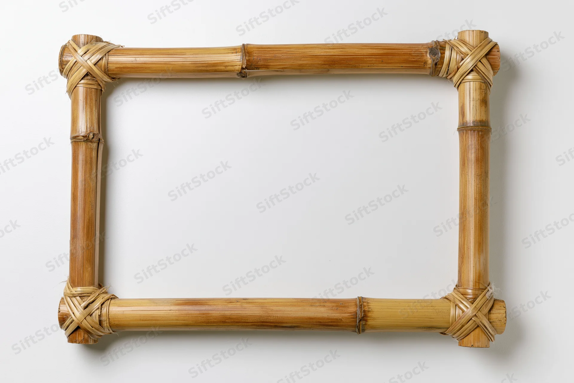Rectangular bamboo frame with woven corners on white background