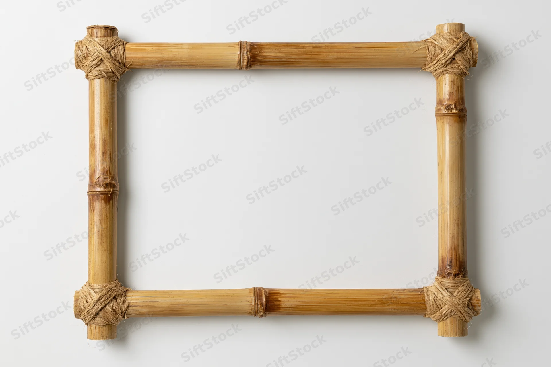 Rectangular bamboo frame with woven joints mounted on a white wall