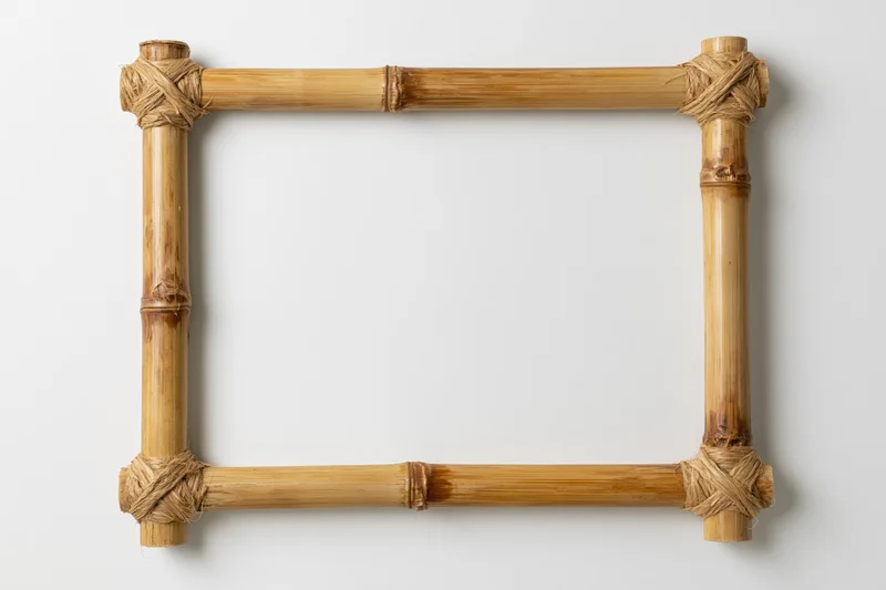 Rectangular bamboo frame with woven joints mounted on a white wall
