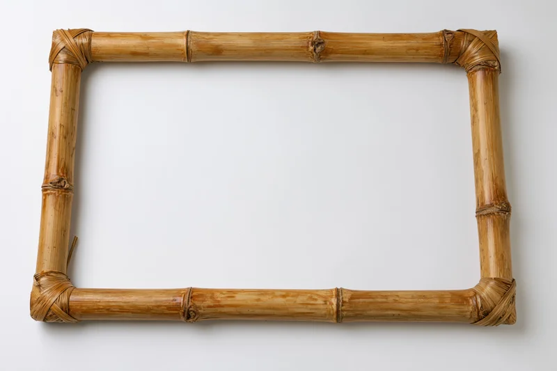 Rectangular bamboo frame made of natural bamboo poles with woven corners on white background