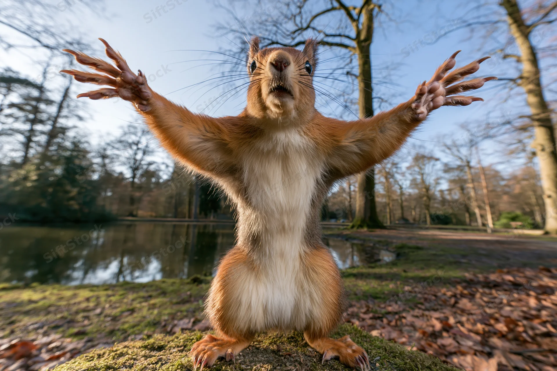 Red squirrel standing upright on hind legs with front paws raised in a park setting