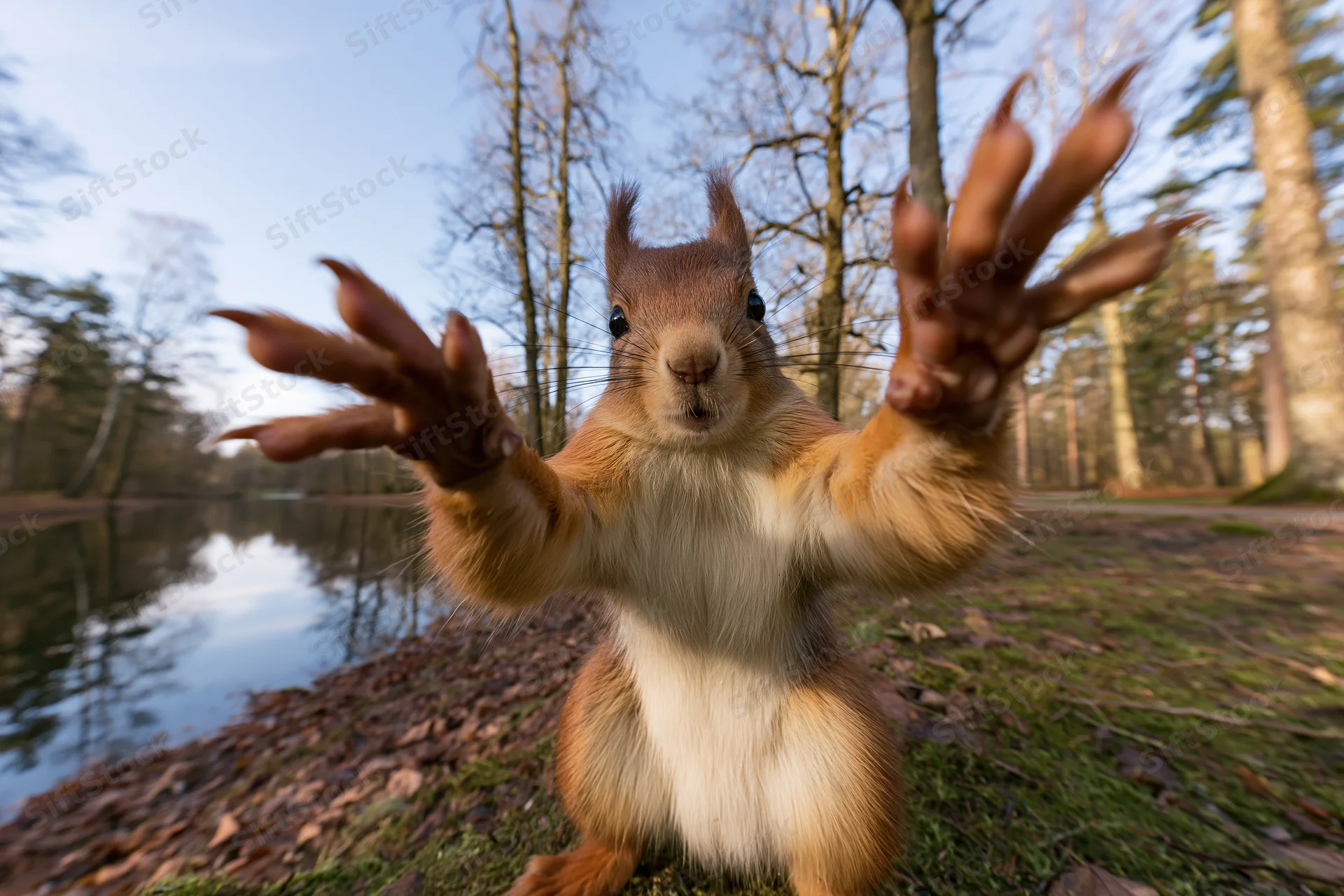 Red squirrel standing upright on hind legs with front paws raised near a pond in a forest