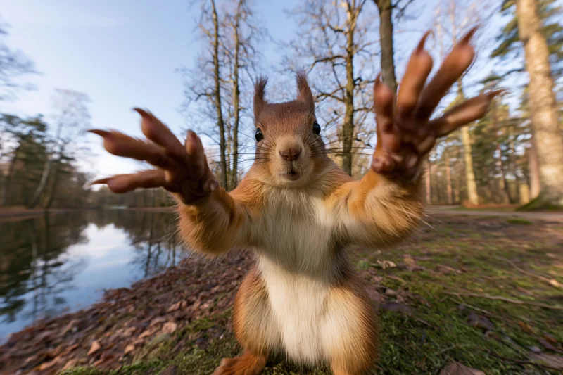 Red squirrel standing upright on hind legs with front paws raised near a pond in a forest