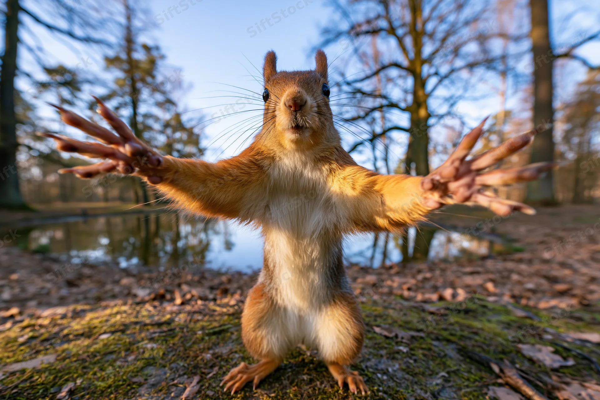 Red squirrel standing upright on hind legs with front paws outstretched in a forest clearing