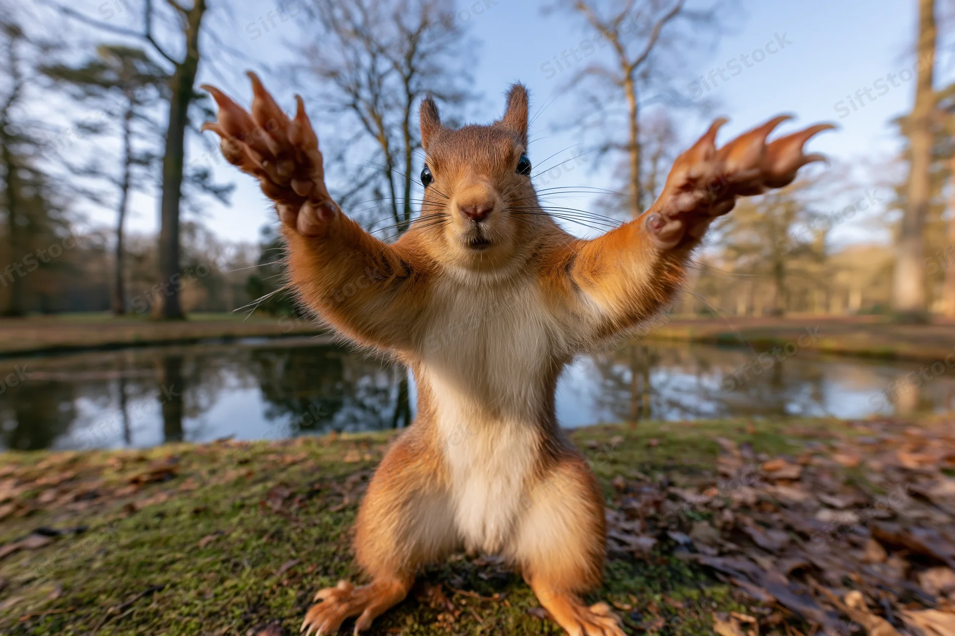 Red squirrel standing upright on hind legs with front paws raised in a park near a pond